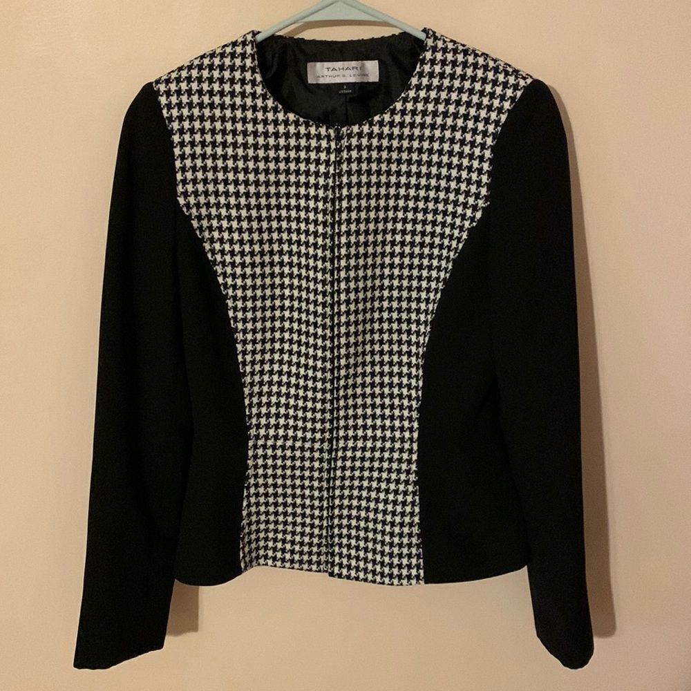 TAHARI Black White Houndstooth Color Block Blazer Jacket Women’s Size 2